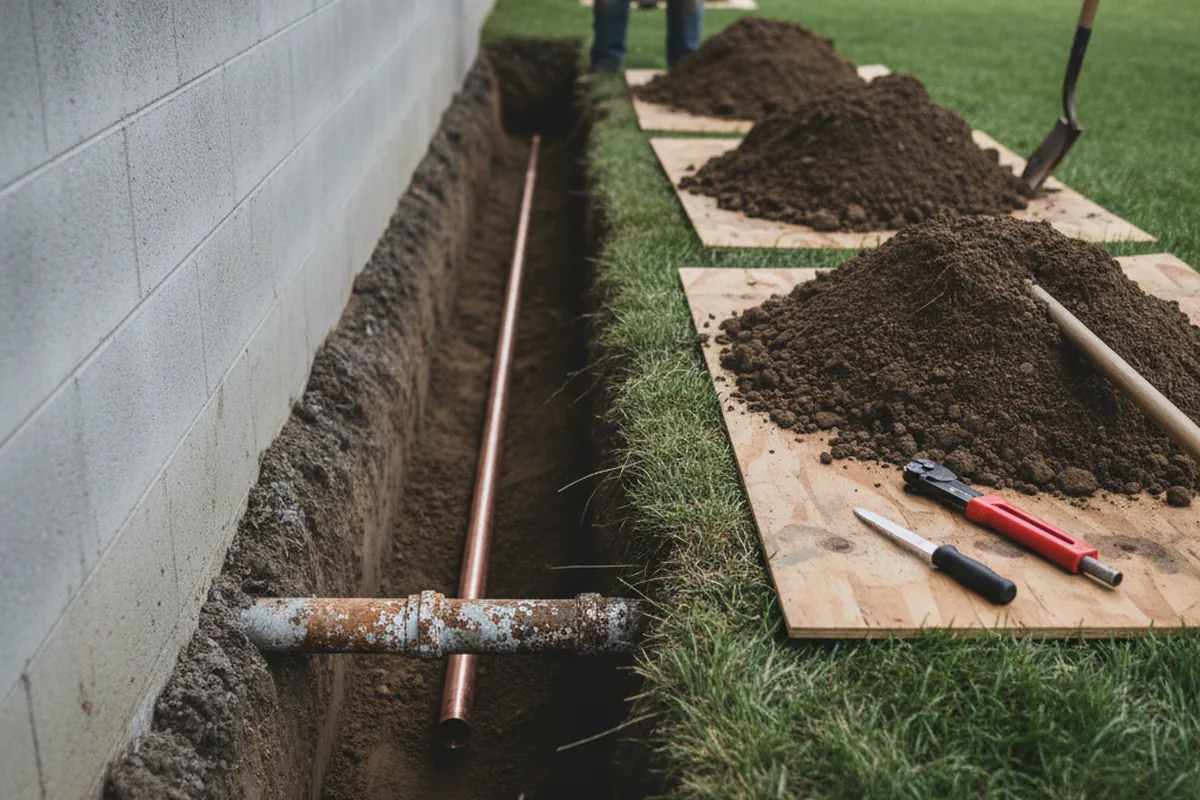 Excavated water line trench during Sewer Line Repair in Wellesley Hills